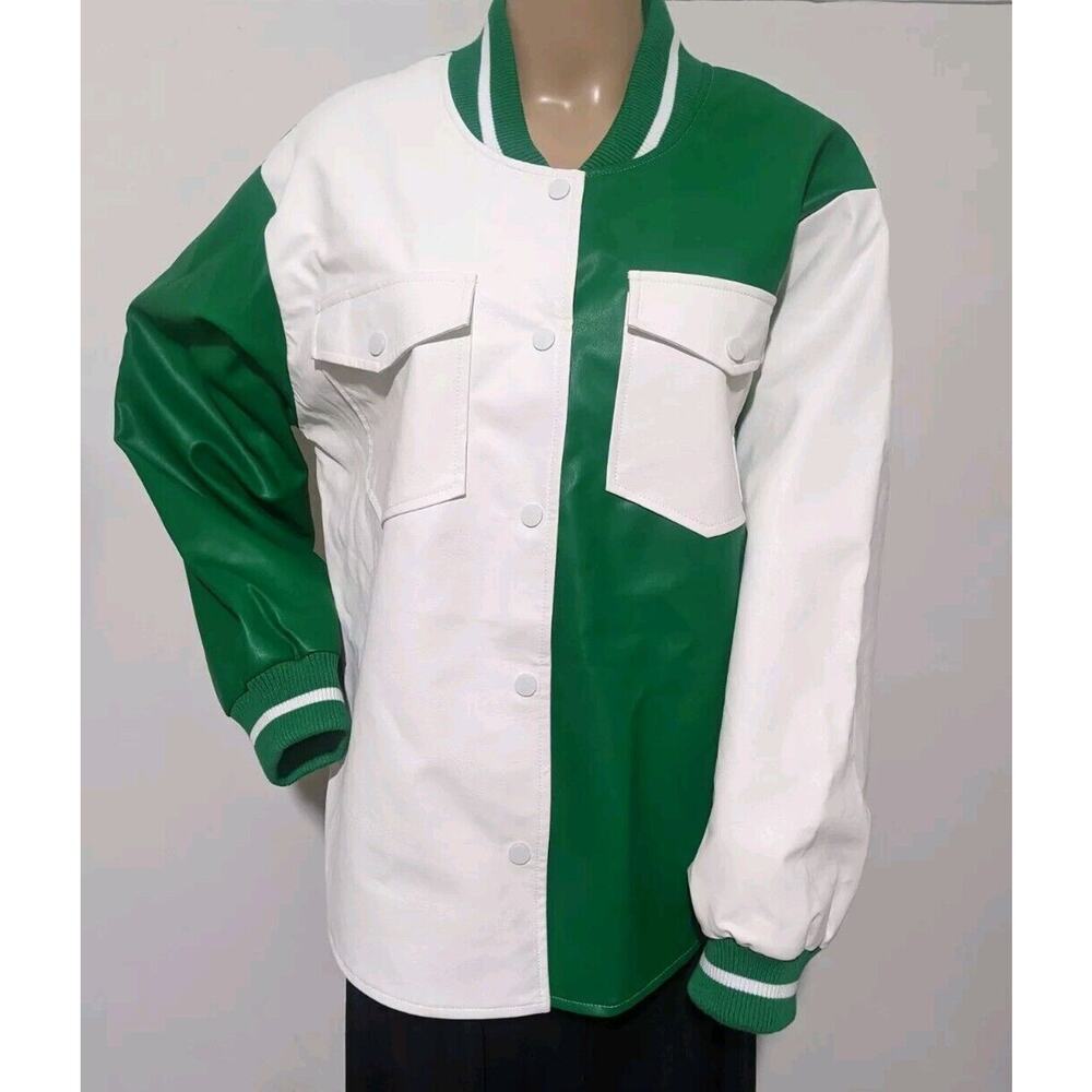 New Cloud Ten L Large Varsity Throwback jacket Faux Leather Green White Nwt